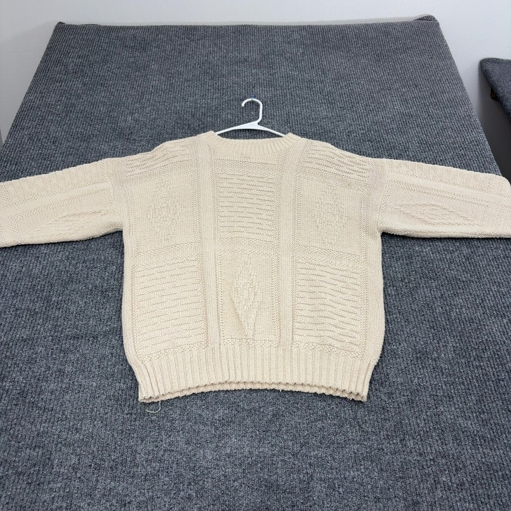 Vintage Fall River Sweater Mens L Cream Cotton Cable Knit Crewneck Grandpa Style
